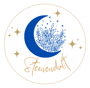 Sternenduft Astrologie Logo mit einem Halbmond, daraus wachsende Blumen umgeben mit einem goldenen gepunkteten Rahmen
